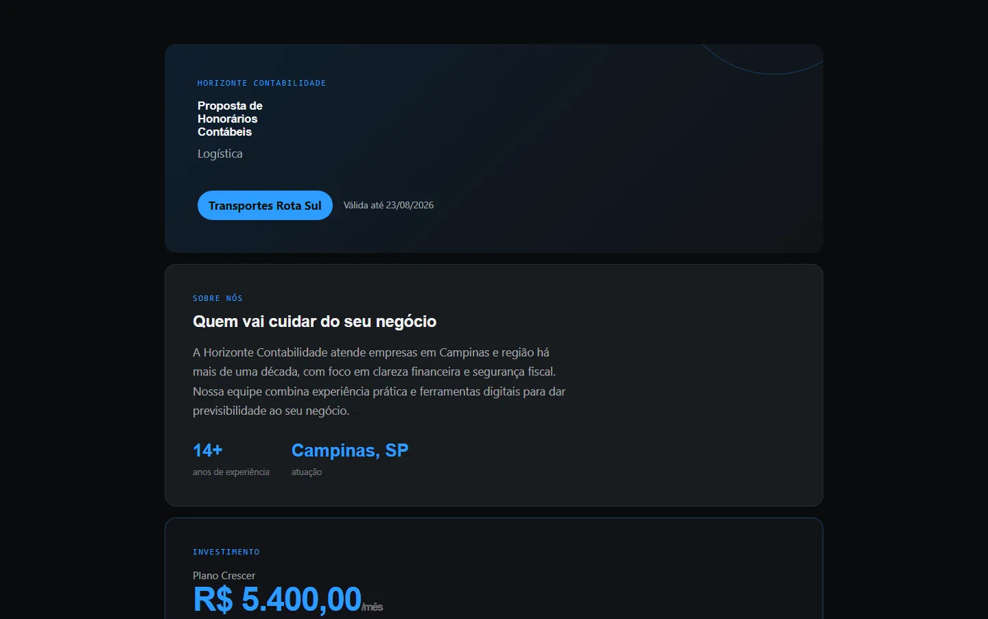 Proposta de honorários gerada pela Margem Azul com a marca do escritório e aceite digital